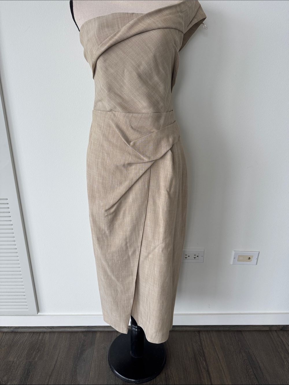 Zara One-Shoulder Draped Midi Dress in Beige